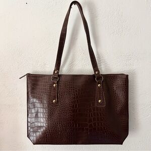 Brown Croc-Embossed Tote Bag